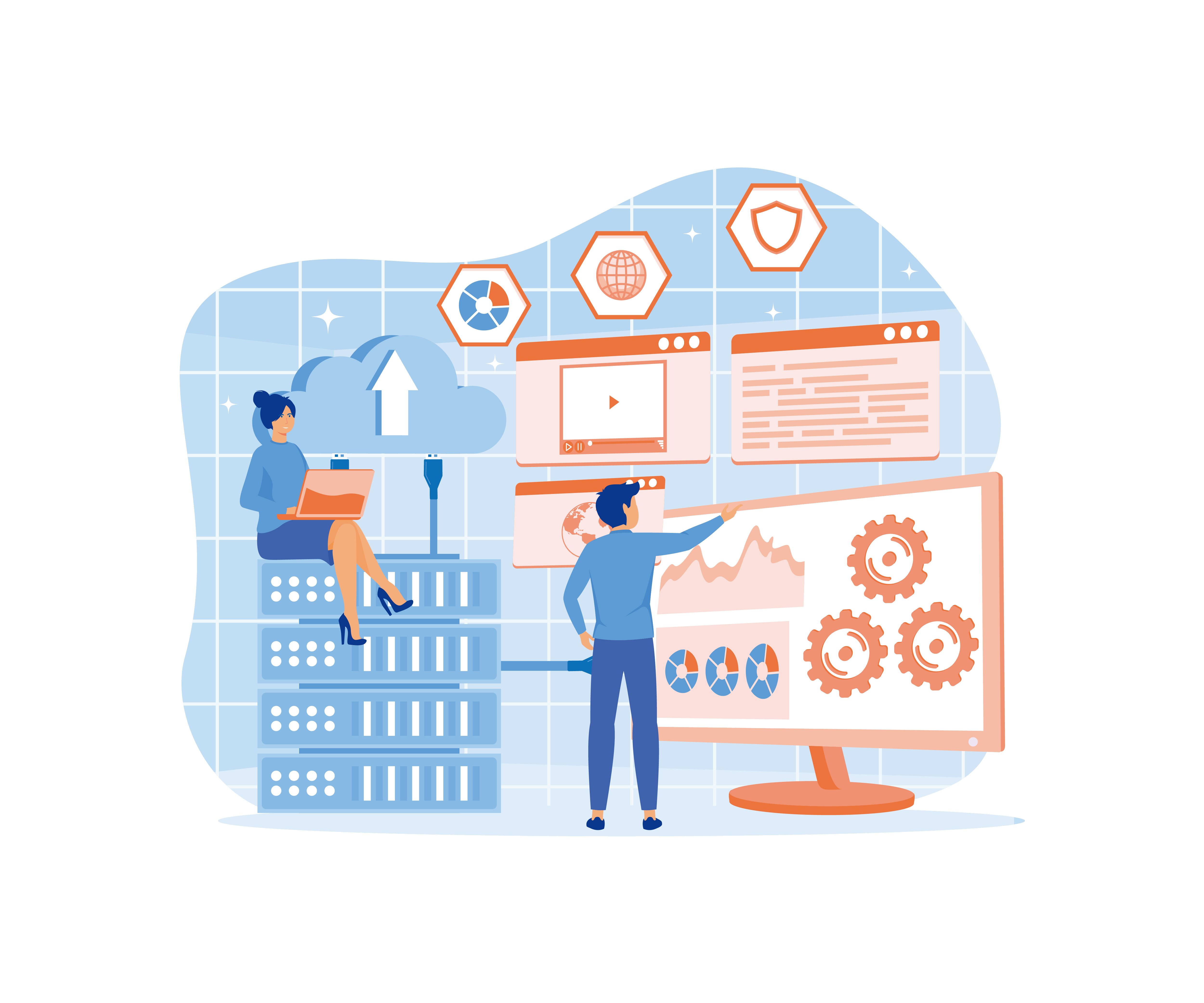 Two people working on laptops with security icons.